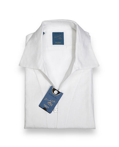 Barba Napoli - Crisp White Cotton/Linen Short Sleeve One-Piece Collar Popover Shirt 41