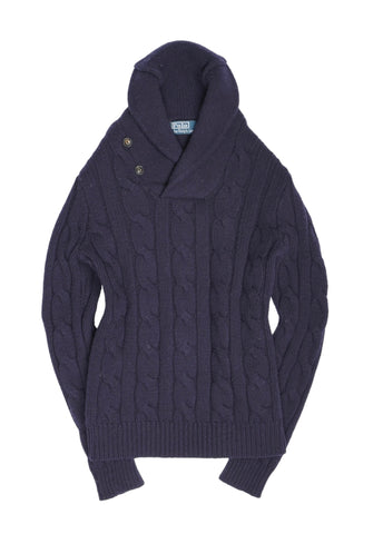 Polo Ralph Lauren - Navy Cable Knitted Lambswool Shawl Cardigan S