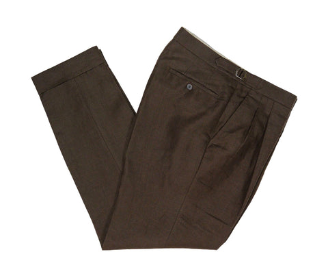 Benevento - Brown Double Pleats High Rise Linen Trousers 50