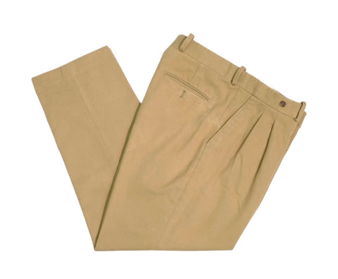 Berg & Berg - Khaki High Rise Double Pleated Heavy Cotton Twill Trousers 50