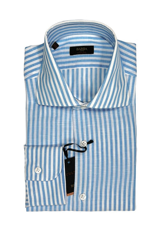 Barba Napoli - Light Blue Cotton/Linen Striped Spread Collar Shirt 41