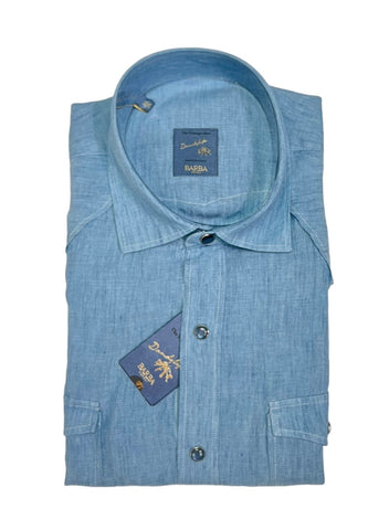 Barba Napoli - Denim Blue Tailored Western Linen Shirt 41