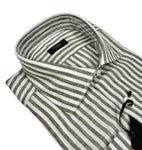 Barba Napoli - Dark Green/White Linen Striped Spread Collar Shirt 41